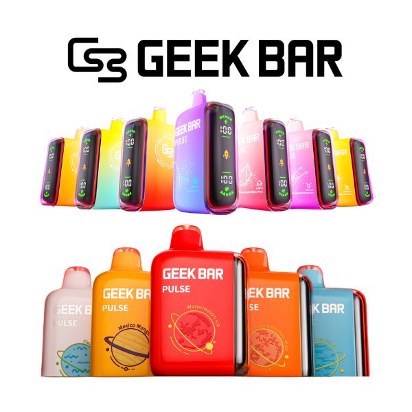 Geek Bar Pulse 15000 Puffs Rechargeable Disposable Vapes in assorted colors and vape flavors with digital display, available at VapeHub vape vending machines.