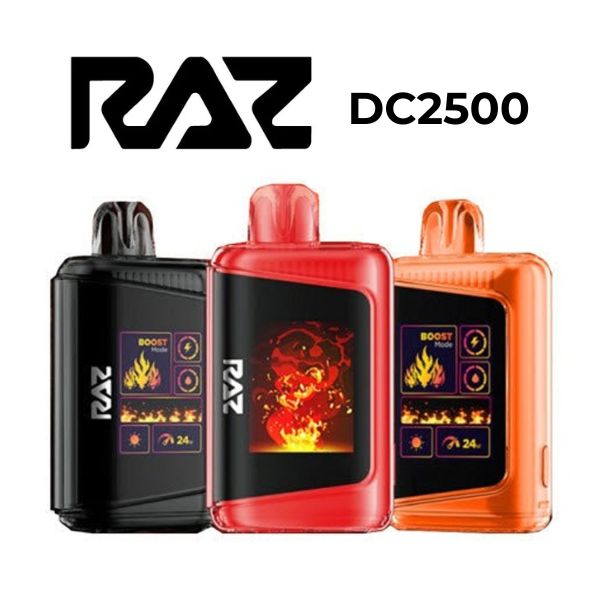 RAZ DC2500 Rechargeable Disposable Vapes with digital boost mode display in assorted colors and vape flavors, available at VapeHub vape vending machines.